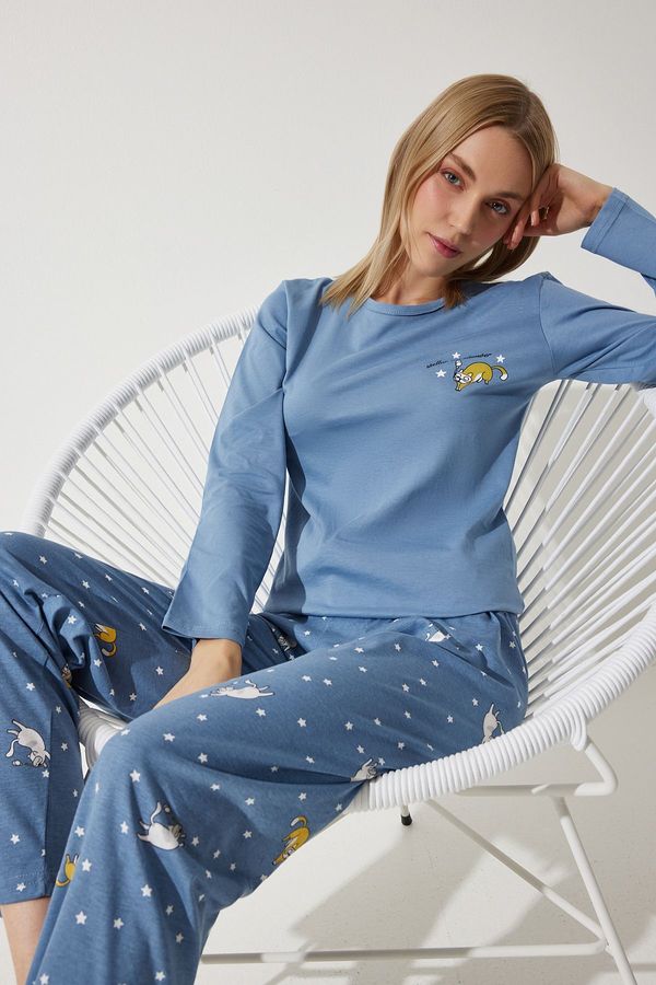 Happiness İstanbul Happiness İstanbul Women's Blue Long Sleeve Top Pants Knitted Pajamas Set