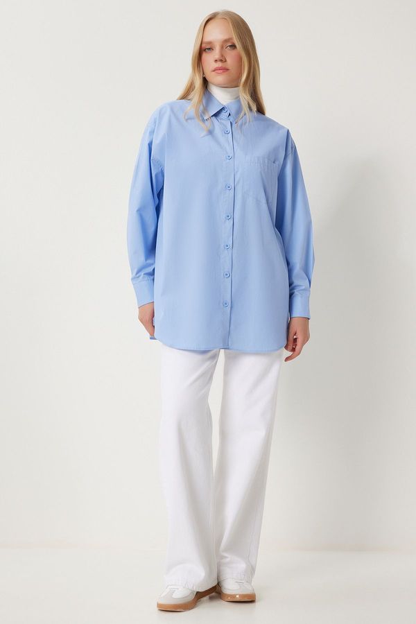 Happiness İstanbul Happiness İstanbul Women's Blue Oversize Long Woven Shirt
