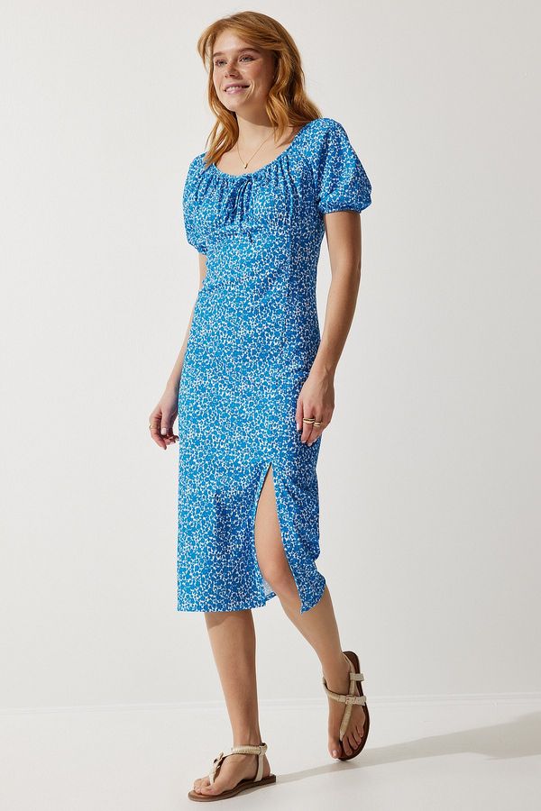 Happiness İstanbul Happiness İstanbul Women's Blue Patterned Gathered Knitted Dress