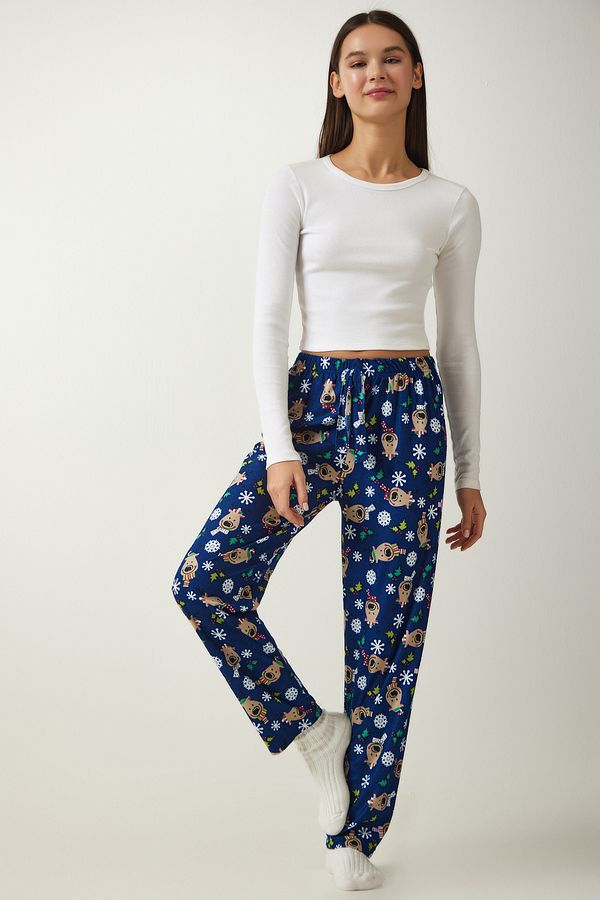 Happiness İstanbul Happiness İstanbul Women's Blue Patterned Soft Textured Knitted Pajama Bottoms