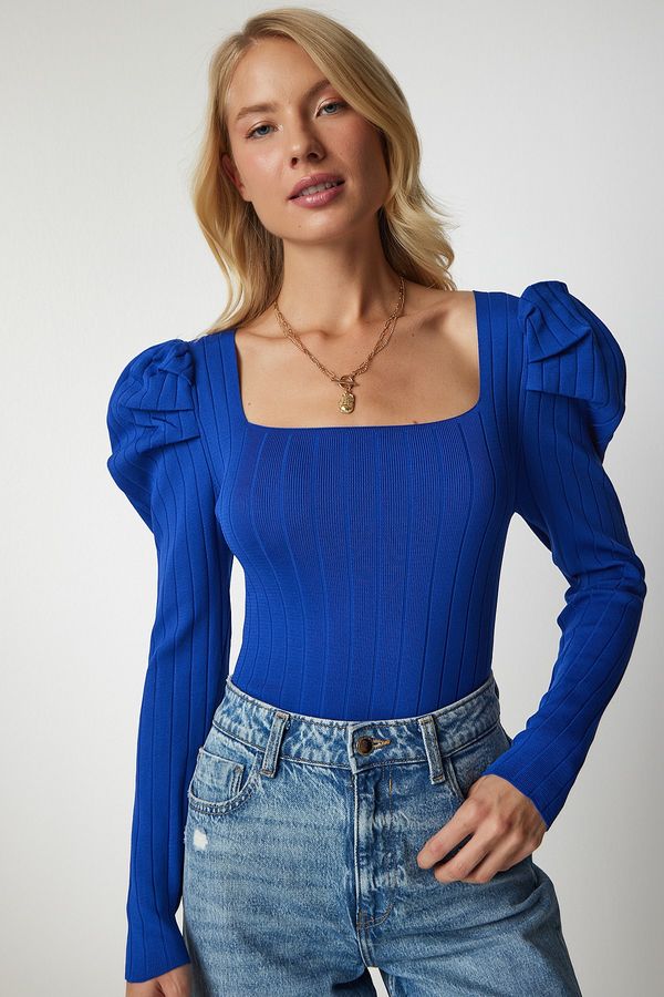 Happiness İstanbul Happiness İstanbul Women's Blue Square Neck Ribbed Knitwear Blouse