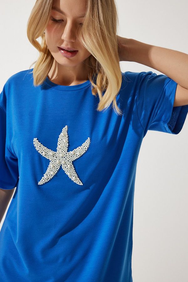 Happiness İstanbul Happiness İstanbul Women's Blue Star Pearl Embroidered Oversize Knitted T-Shirt