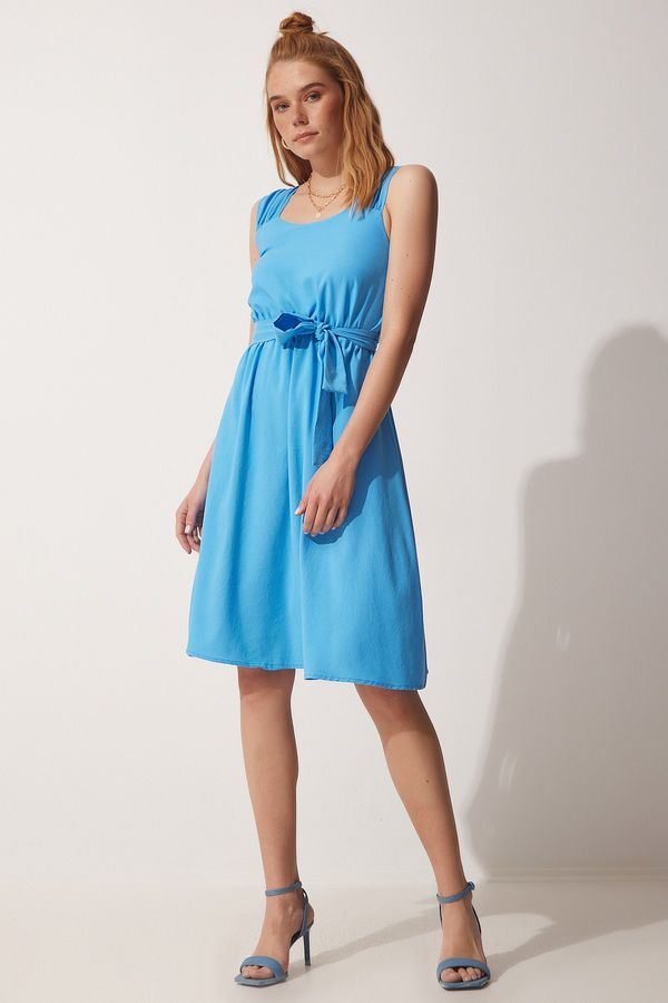 Happiness İstanbul Happiness İstanbul Women's Blue Strap Belted Summer Ayrobin Dress