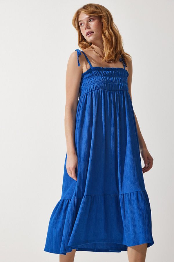 Happiness İstanbul Happiness İstanbul Women's Blue Strappy Crinkle Summer Knitted Dress