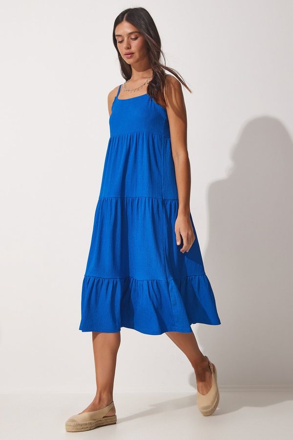 Happiness İstanbul Happiness İstanbul Women's Blue Strappy Flounce Summer Knitted Dress