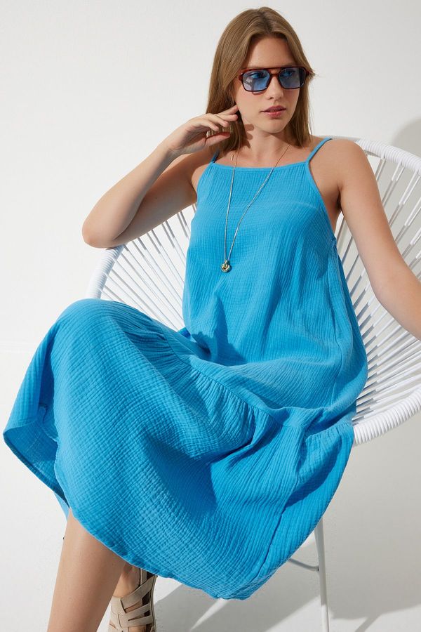Happiness İstanbul Happiness İstanbul Women's Blue Strappy Summer Loose Muslin Dress
