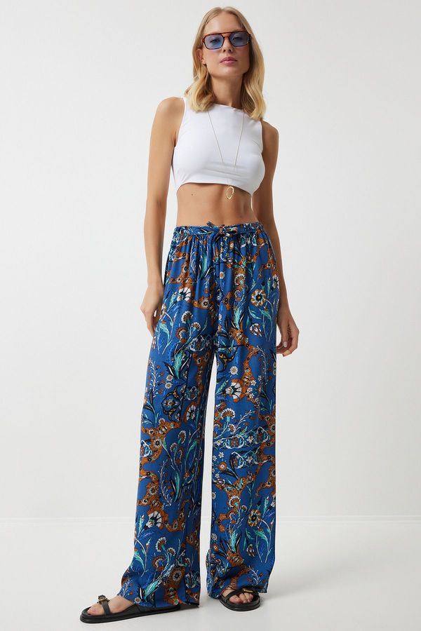Happiness İstanbul Happiness İstanbul Women's Blue Tile Patterned Loose Viscose Palazzo Trousers