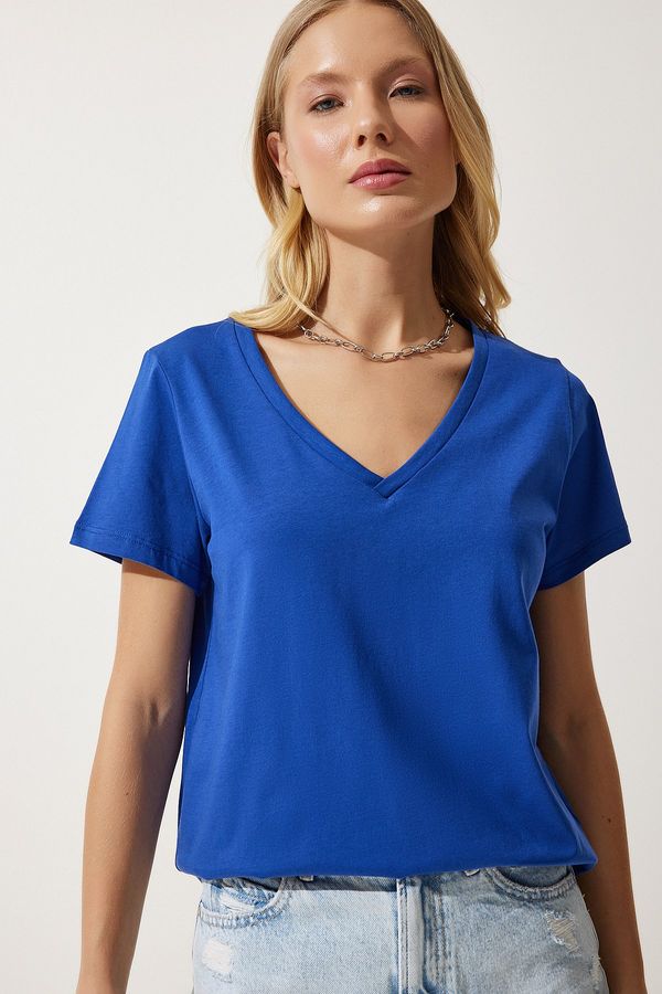 Happiness İstanbul Happiness İstanbul Women's Blue V Neck Basic Knitted T-Shirt