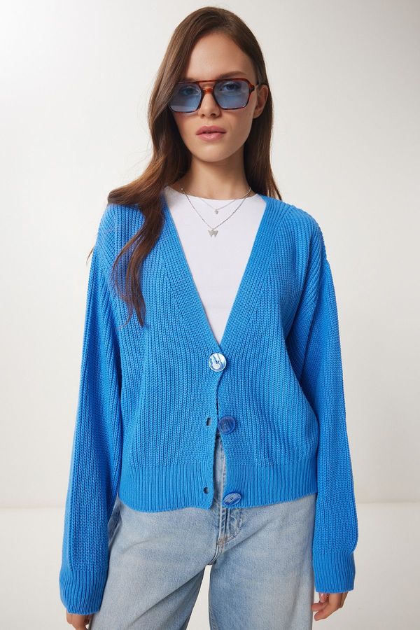 Happiness İstanbul Happiness İstanbul Women's Blue V-Neck Buttoned Knitwear Cardigan