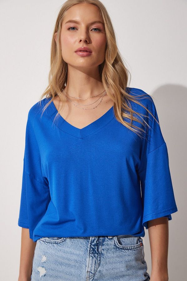 Happiness İstanbul Happiness İstanbul Women's Blue V-Neck Viscose T-Shirts