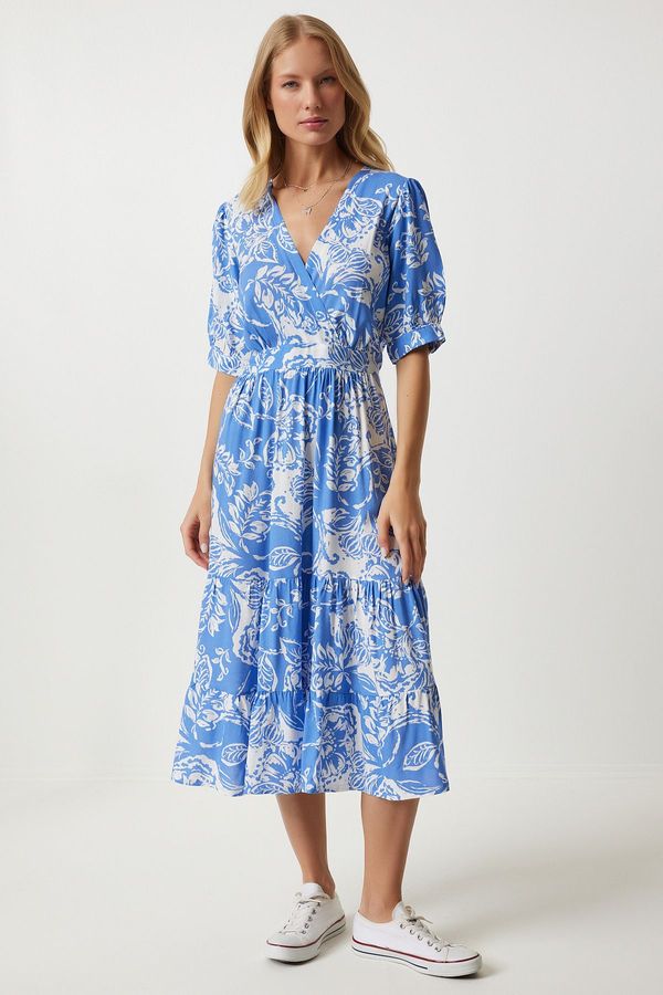 Happiness İstanbul Happiness İstanbul Women's Blue Wrap Collar Floral Summer Viscose Dress