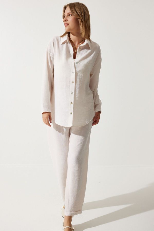 Happiness İstanbul Happiness İstanbul Women's Bone Linen Oversize Shirt Loose Pants Set