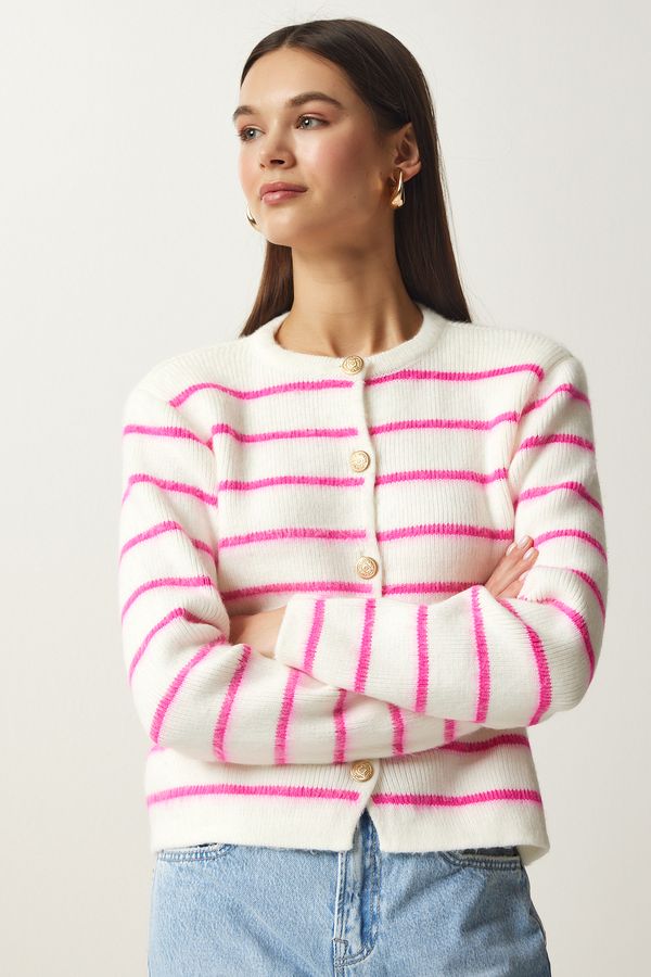 Happiness İstanbul Happiness İstanbul Women's Bone Pink Stylish Buttoned Striped Knitwear Cardigan