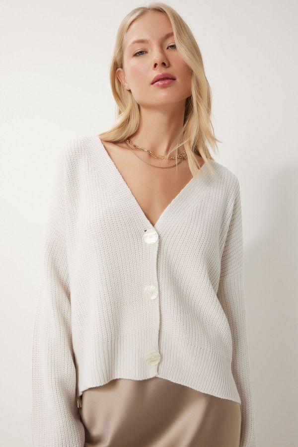 Happiness İstanbul Happiness İstanbul Women's Bone V Neck Buttoned Knitwear Cardigan