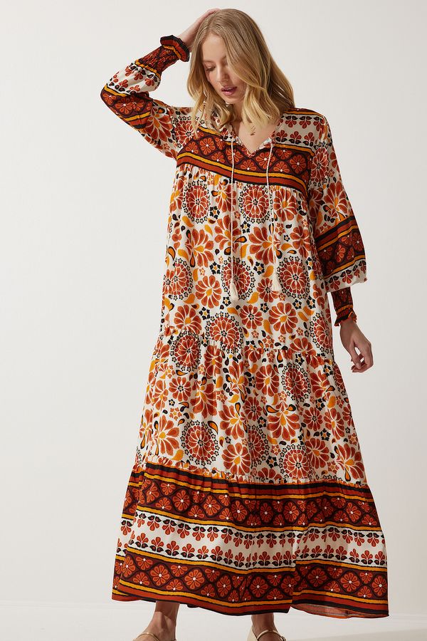 Happiness İstanbul Happiness İstanbul Women's Brick Orange Print Oversize Long Viscose Dress