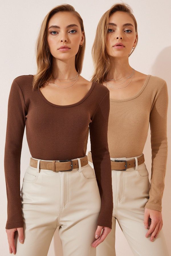 Happiness İstanbul Happiness İstanbul Women's Brown Biscuit 2-Pack U Neck Ribbed Knitted Blouse