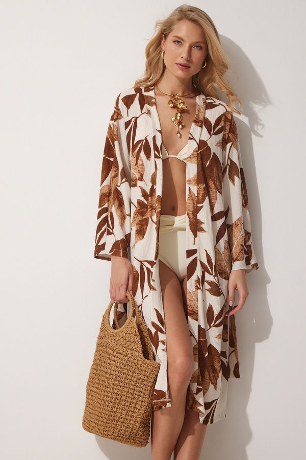Happiness İstanbul Happiness İstanbul Women's Brown Cream Patterned Long Crinkle Viscose Summer Kimono