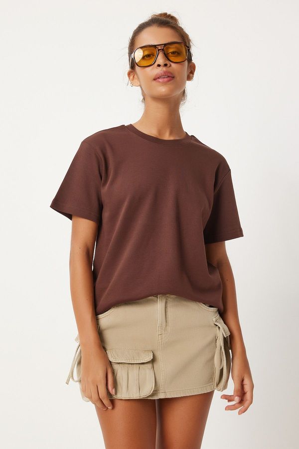 Happiness İstanbul Happiness İstanbul Women's Brown Crew Neck 100% Cotton Combed T-Shirt