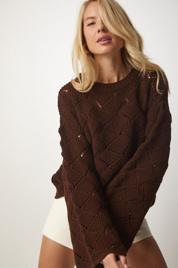 Happiness İstanbul Happiness İstanbul Women's Brown Diamond Patterned Openwork Knitwear Sweater