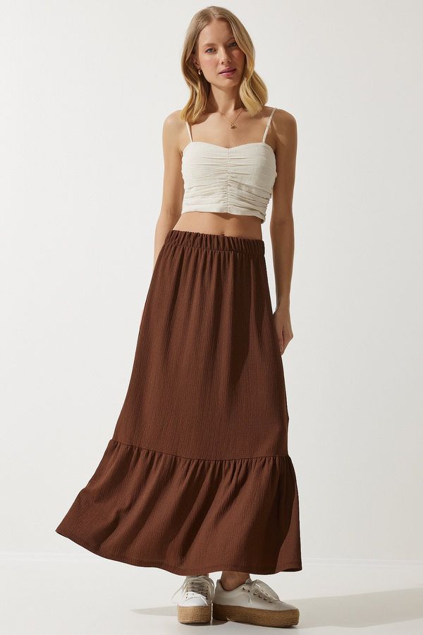 Happiness İstanbul Happiness İstanbul Women's Brown Flounce Summer Midi Skirt