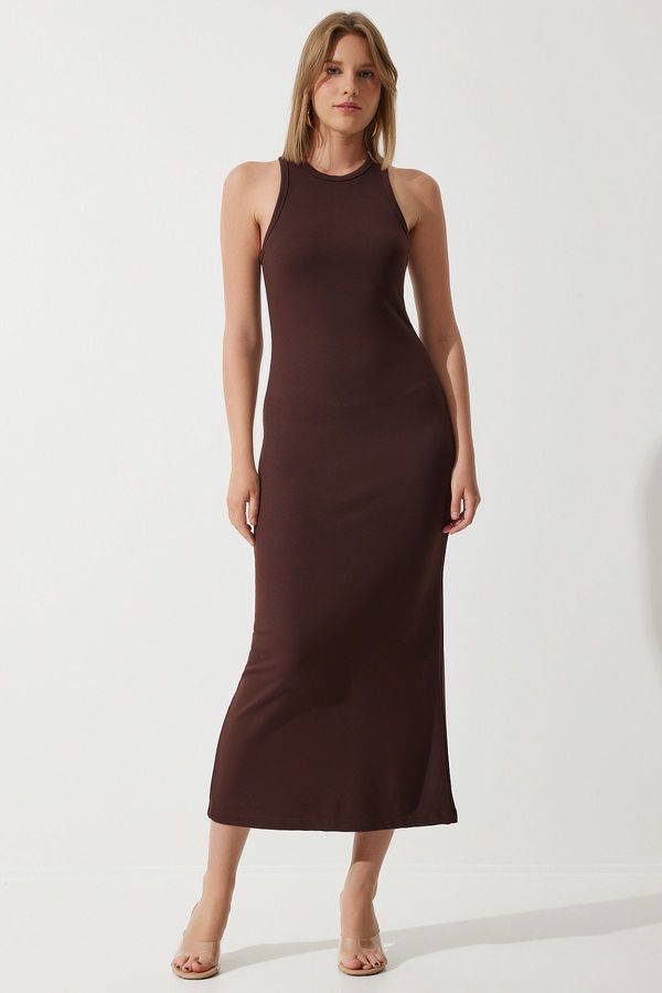 Happiness İstanbul Happiness İstanbul Women's Brown Halter Neck Summer Steel Knitted Long Dress