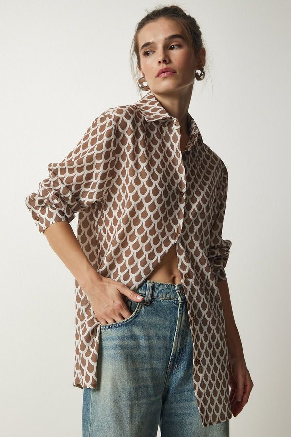 Happiness İstanbul Happiness İstanbul Women's Brown Patterned Oversize Satin Surface Shirt