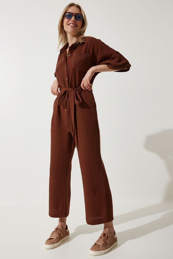 Happiness İstanbul Happiness İstanbul Women's Brown Premium Belted Muslin Jumpsuit