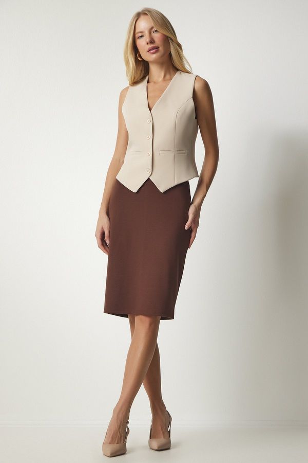 Happiness İstanbul Happiness İstanbul Women's Brown Slit Steel Knitted Skirt