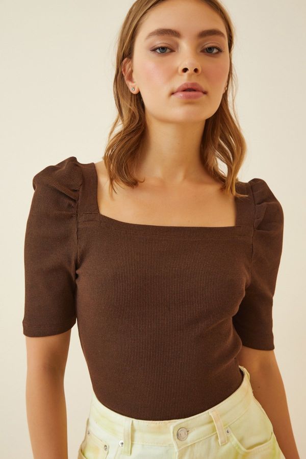 Happiness İstanbul Happiness İstanbul Women's Brown Square Neck Ribbed Crop Blouse