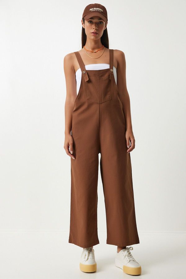 Happiness İstanbul Happiness İstanbul Women's Brown Strappy Thin Gabardine Summer Gardener Overalls