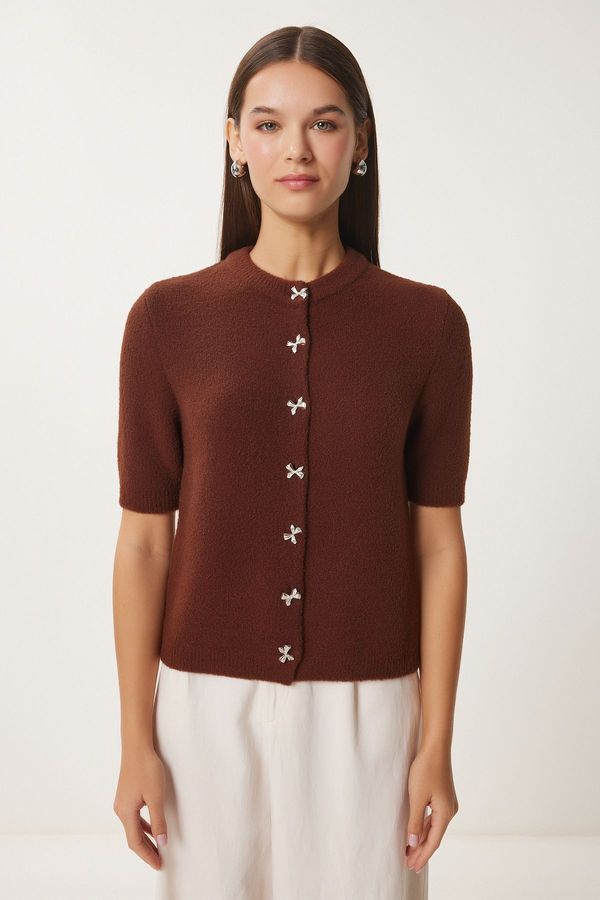 Happiness İstanbul Happiness İstanbul Women's Brown Stylish Bow Button Bearded Knitwear Cardigan