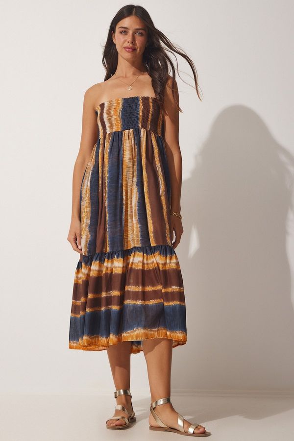 Happiness İstanbul Happiness İstanbul Women's Brown Tie-Dye Patterned Strapless Skirt Dress