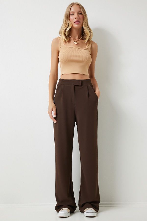 Happiness İstanbul Happiness İstanbul Women's Brown Velcro Waist Comfortable Woven Trousers