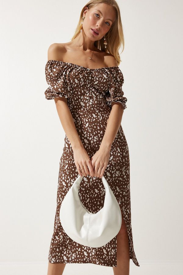 Happiness İstanbul Happiness İstanbul Women's Brown White Elastic Carmen Collar Summer Dress