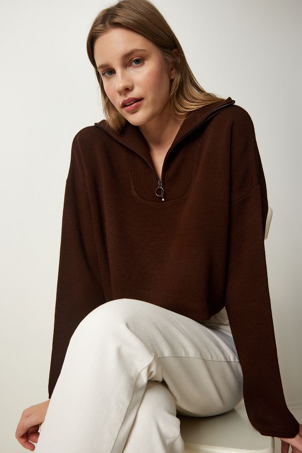 Happiness İstanbul Happiness İstanbul Women's Brown Zipper Collar Knitwear Sweater