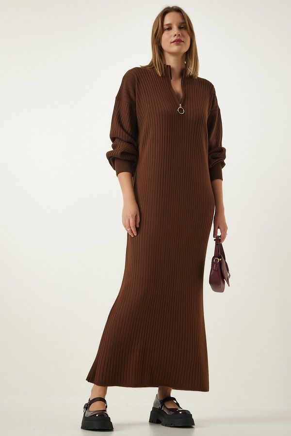 Happiness İstanbul Happiness İstanbul Women's Brown Zipper Collar Ribbed Long Knitwear Dress