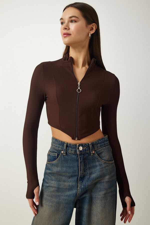 Happiness İstanbul Happiness İstanbul Women's Brown Zipper Turtleneck Crop Knitted Blouse
