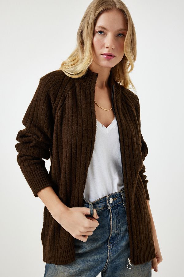 Happiness İstanbul Happiness İstanbul Women's Brown Zippered Knitwear Cardigan