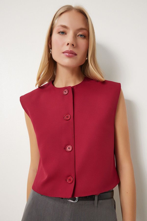 Happiness İstanbul Happiness İstanbul Women's Burgundy Buttoned Crop Woven Vest
