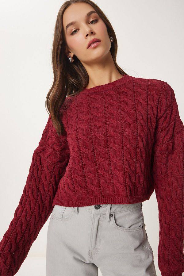 Happiness İstanbul Happiness İstanbul Women's Burgundy Crew Neck Knit Motif Knitwear Sweater