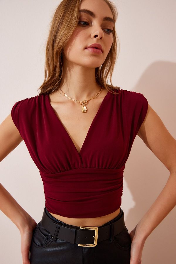 Happiness İstanbul Happiness İstanbul Women's Burgundy Deep V Neck Crop Sandy Knitted Blouse