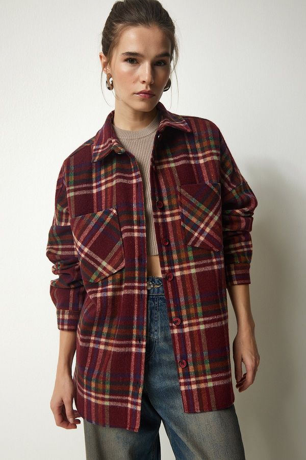 Happiness İstanbul Happiness İstanbul Women's Burgundy Patterned Oversize Cachet Lumberjack Shirt