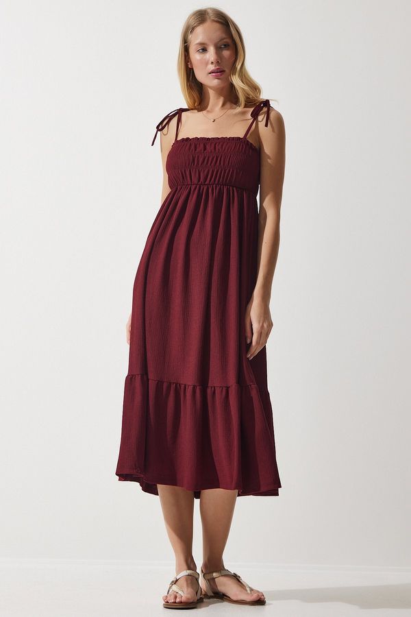 Happiness İstanbul Happiness İstanbul Women's Burgundy Strappy Crinkle Summer Knitted Dress