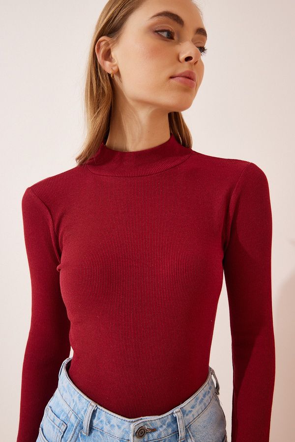 Happiness İstanbul Happiness İstanbul Women's Burgundy Turtleneck Ribbed Knitted Blouse