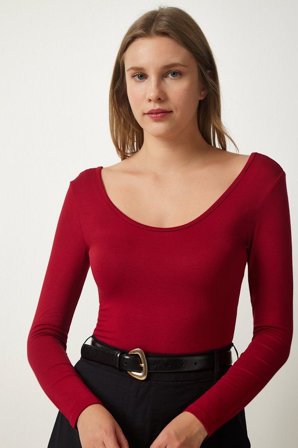 Happiness İstanbul Happiness İstanbul Women's Burgundy Wide U Neck Viscose Knitted Blouse