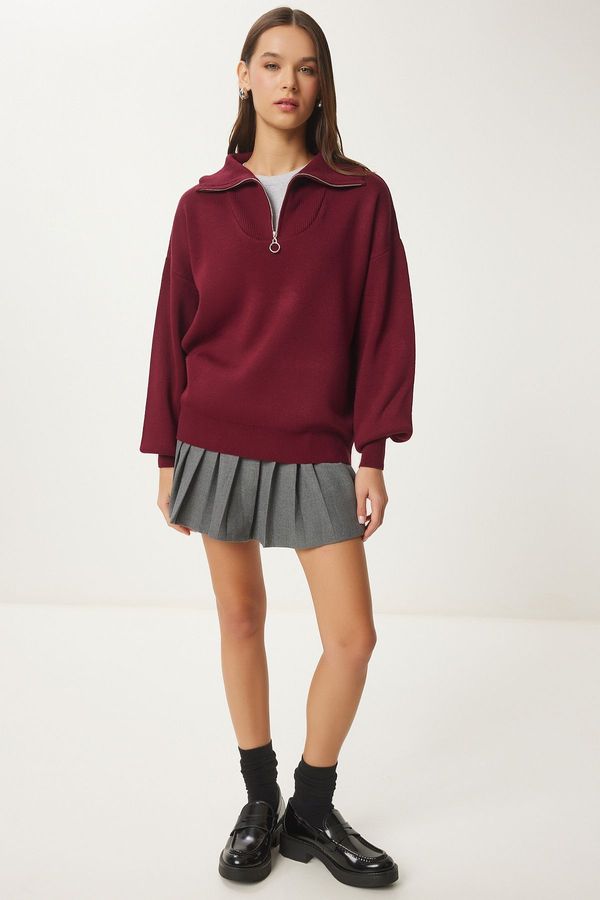 Happiness İstanbul Happiness İstanbul Women's Burgundy Zippered Collar Basic Knitwear Sweater