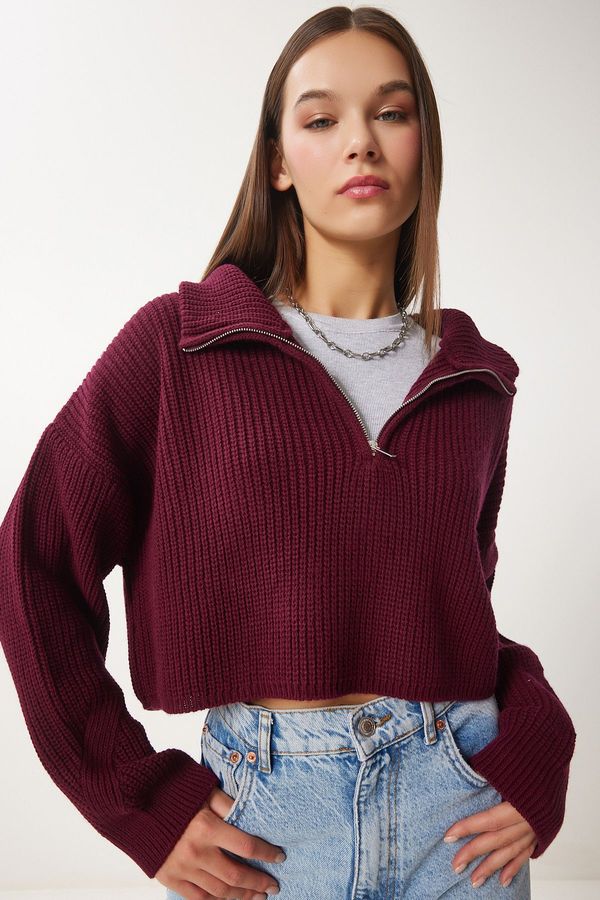Happiness İstanbul Happiness İstanbul Women's Burgundy Zippered Turtleneck Knitwear Sweater