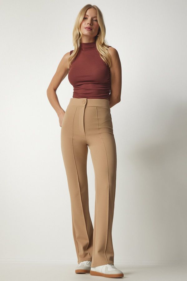 Happiness İstanbul Happiness İstanbul Women's Camel High Waist Lycra Casual Knitted Trousers