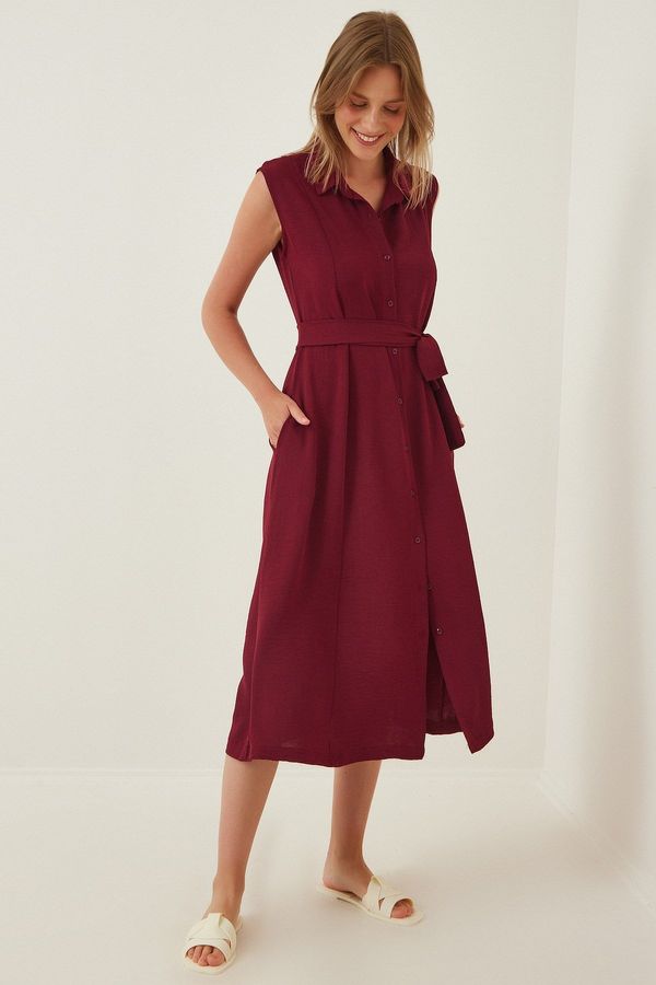Happiness İstanbul Happiness İstanbul Women's Claret Red Belted Linen Viscose Summer Shirt Dress
