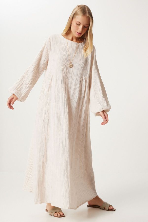 Happiness İstanbul Happiness İstanbul Women's Cream Balloon Sleeve Casual Muslin Dress